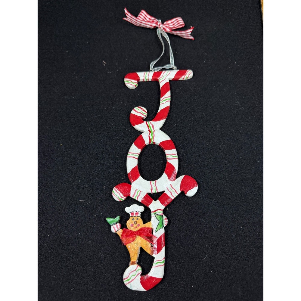 Joy Gingerbread Man Candy Cane Christmas Ornament Red White Green 9 Inch